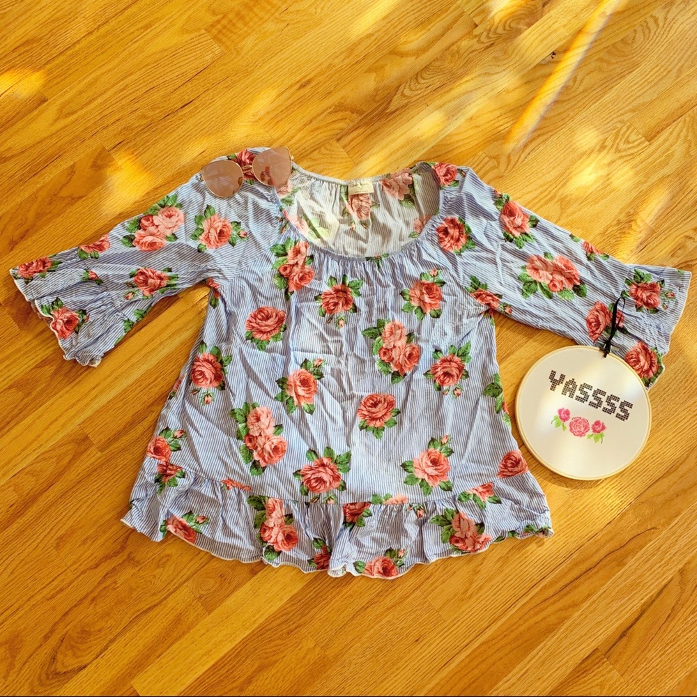 Striped floral off/on shoulder top